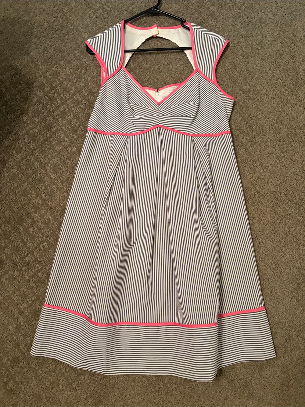 Striped Seersucker Sleeveless Dress with Pink Trim